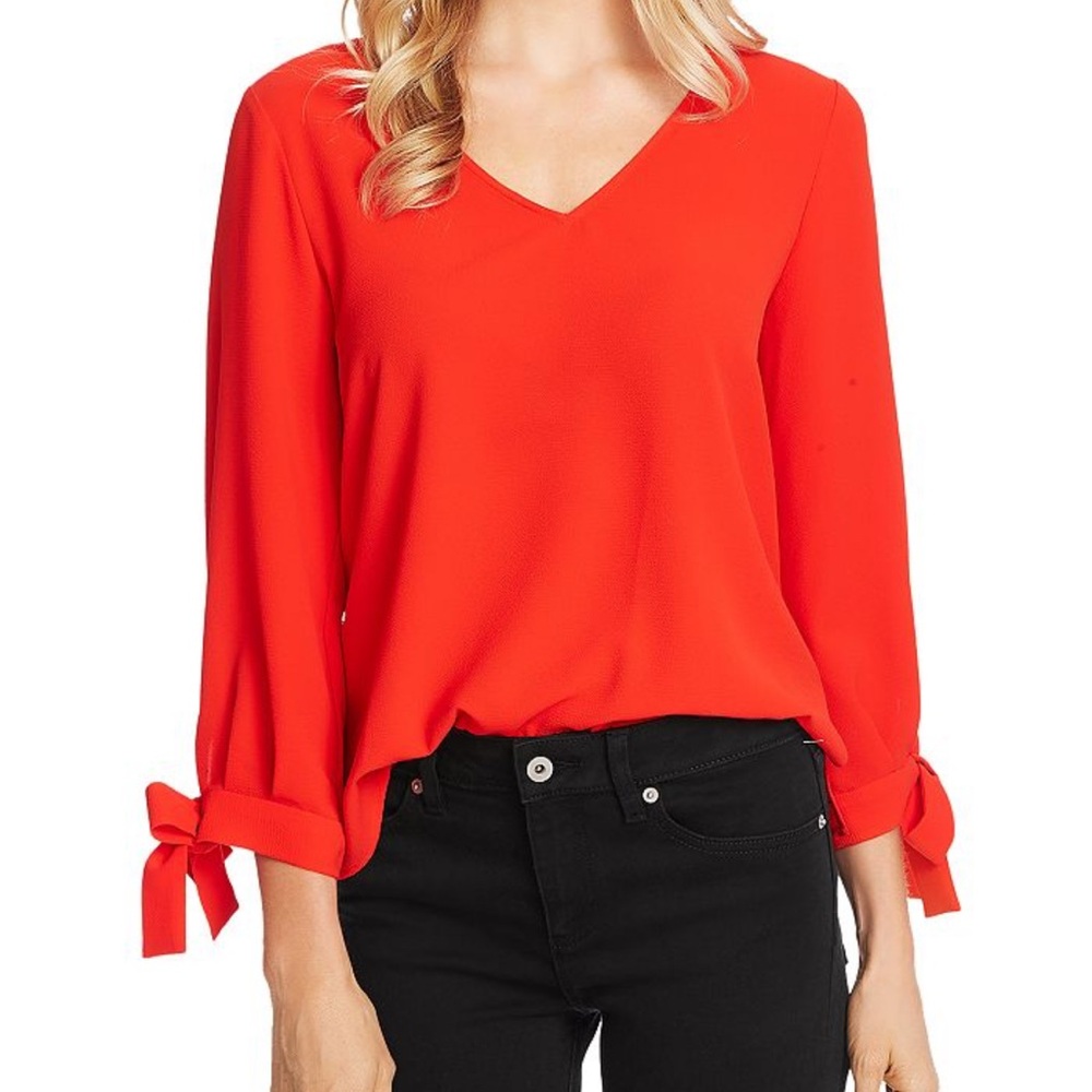 Small- CeCe Red 3/4 Sleeve Tie Front, v-neck Blouse